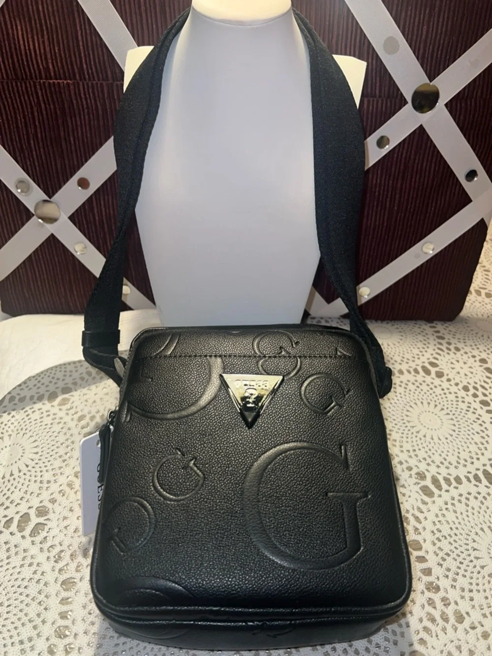 GUESS Black Embossed Logo Messenger Crossbody Bag